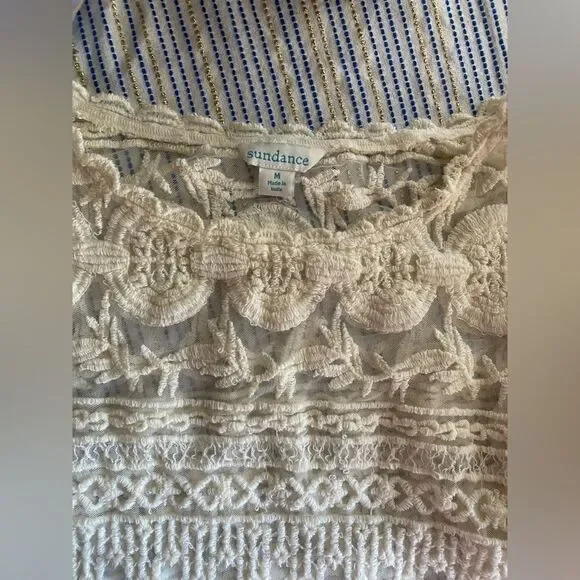 Sundance Embroidered Beige Short Sleeve Lace Mesh Blouse Sz M  Boho Lined - Picture 6 of 15